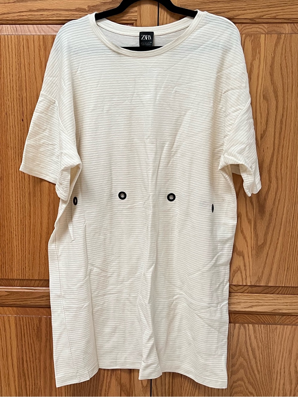 Zara Cream Short-Sleeve Textured dress with Black Eyelet Accents, EUC, Size L